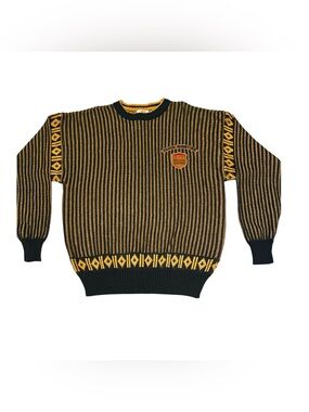 Vintage 90s Fluid Nineties Black Gold Striped Sweater XL Made in Korea